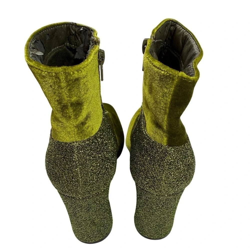 Yoki Womens Olive Green‎ Velvet and Glitter Block Heel Ankle Boots Side Zip